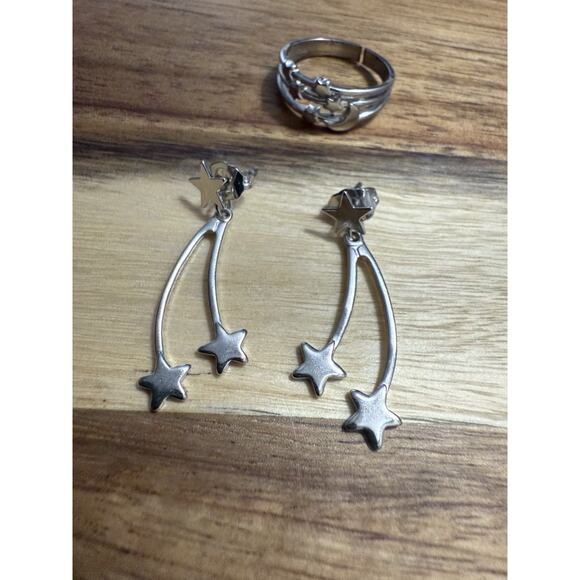 Dangle Vintage Avon Shooting Star Earrings W/ Ring Silver Tone Metal Set - Picture 1 of 11